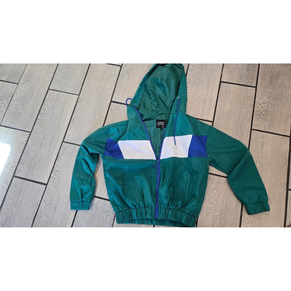 Urban Retro Green Colorblock Hooded Windbreaker Jacket Full Zip Womens Small